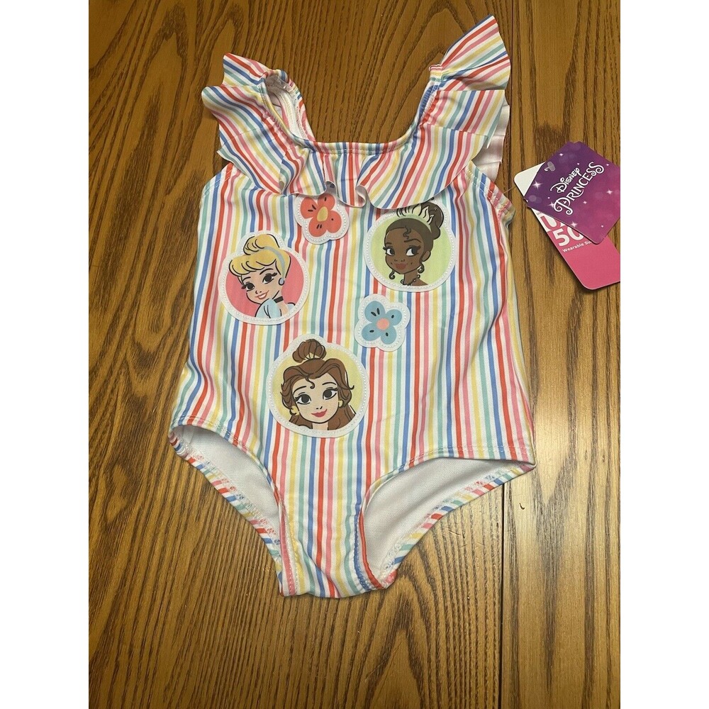 Disney Toddler Girl Princess Rainbow Striped Ruffled Swimsuit Size 12 mo. New